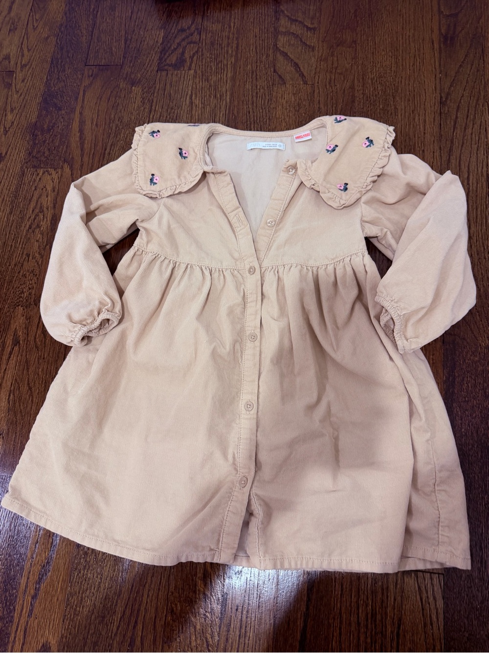 Zara Girls' Corduroy Button-Front Dress with Embroidered Collar - Cream